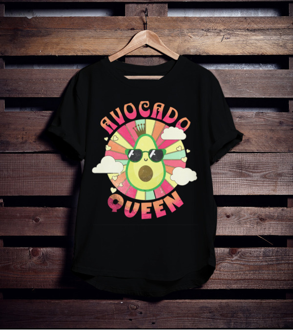 Kawaii Avocado Queen Retro Rainbow Sunburst With Clouds And Sunglasses T-Shirt