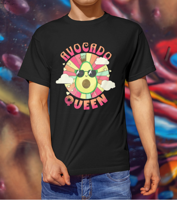 Kawaii Avocado Queen Retro Rainbow Sunburst With Clouds And Sunglasses T-Shirt
