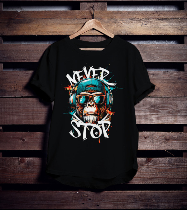 Never Stop Headphones Monkey With Sunglasses And Cap T-Shirt