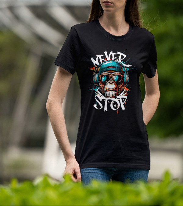 Never Stop Headphones Monkey With Sunglasses And Cap T-Shirt