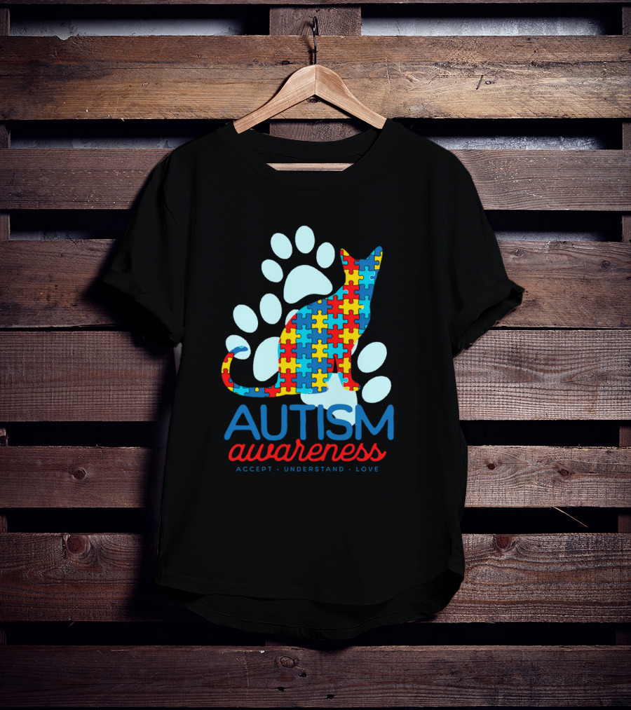 Autism Awareness Accept Understand Love Puzzle Cat Paw T-Shirt