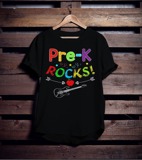 Pre-K Rocks Funny Kids Teachers Back To School With Guitar And Apple T-Shirt