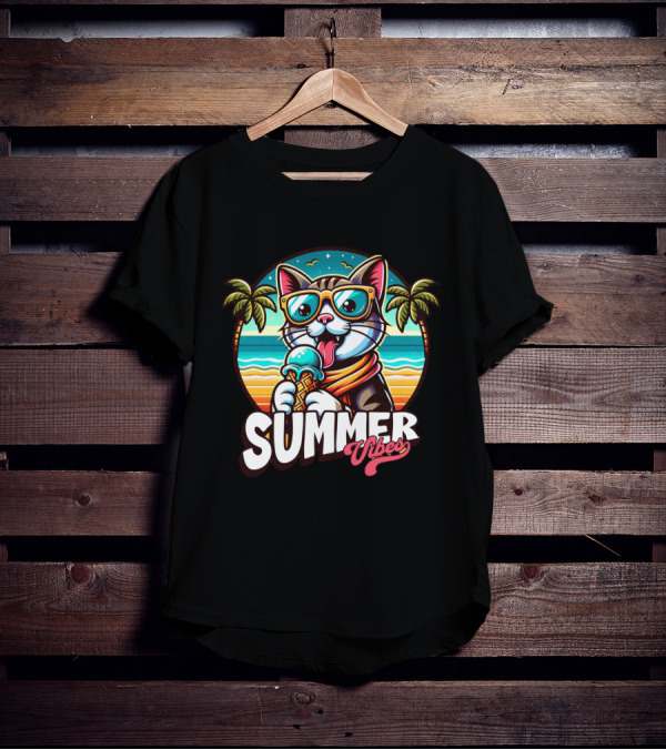 Summer Vibes Cat With Sunglasses And Ice Cream Ocean Sunset Palms T-Shirt