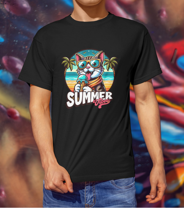 Summer Vibes Cat With Sunglasses And Ice Cream Ocean Sunset Palms T-Shirt