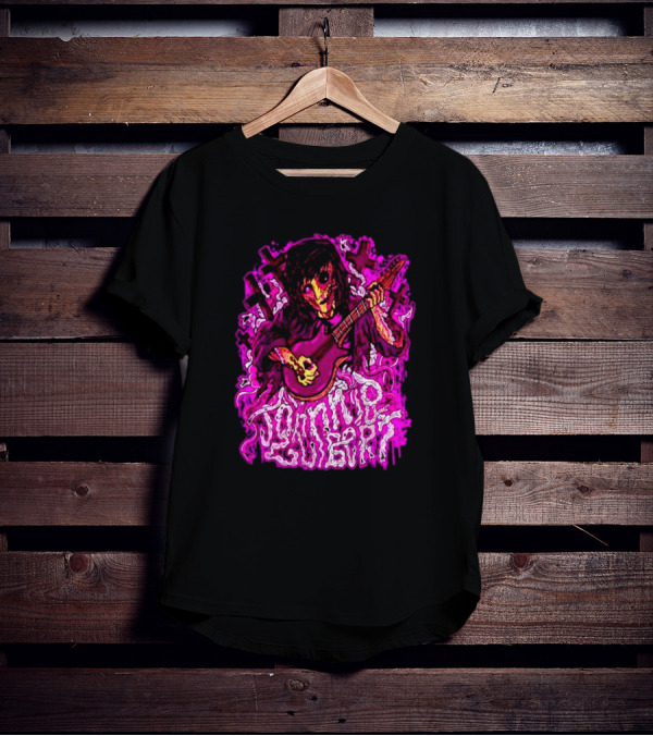 Zombie Johnnie Guilbert Playing Guitar With Purple Light And Crosses Background T-Shirt
