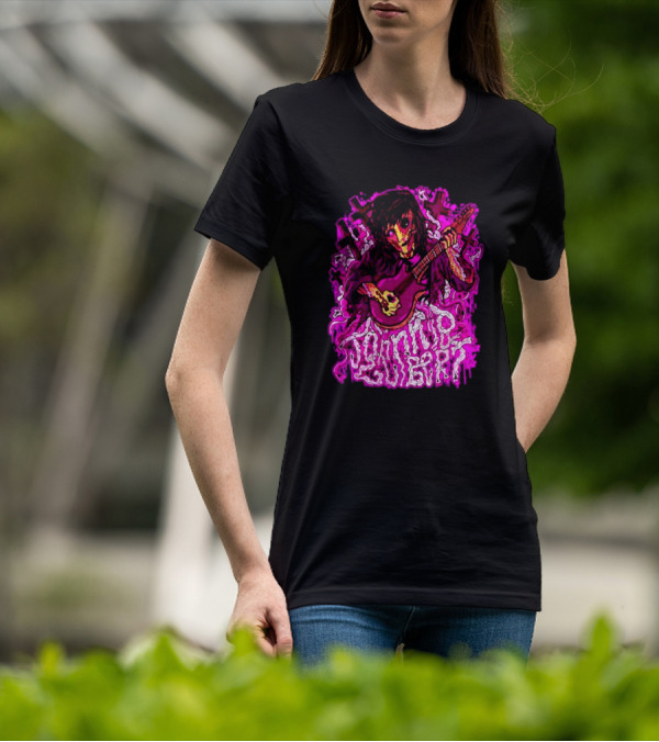 Zombie Johnnie Guilbert Playing Guitar With Purple Light And Crosses Background T-Shirt