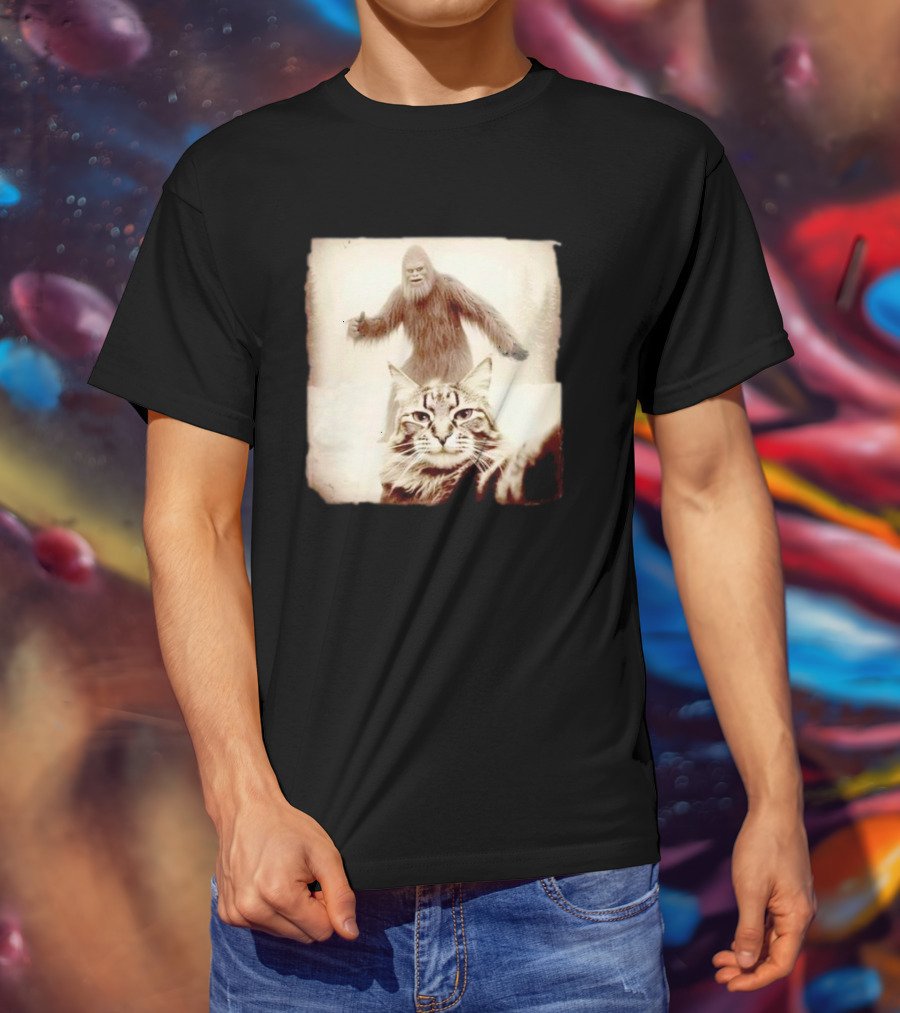 Cat Taking Selfie With Bigfoot In Snowy Forest Scene T-Shirt