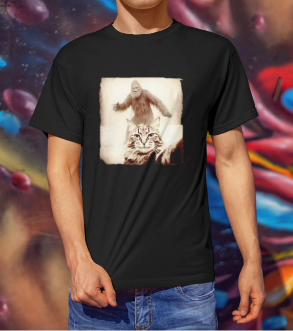 Cat Taking Selfie With Bigfoot In Snowy Forest Scene T-Shirt