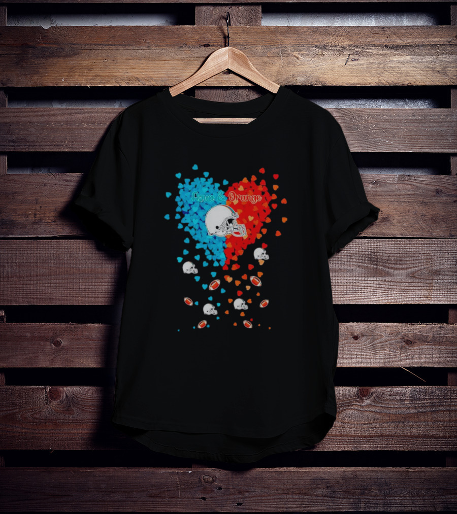 Aqua And Orange Miami Dolphins Hearts And Helmets Football T-Shirt