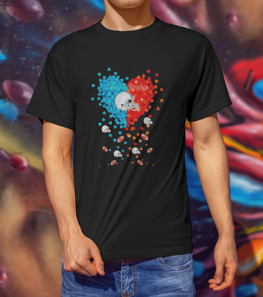 Aqua And Orange Miami Dolphins Hearts And Helmets Football T-Shirt