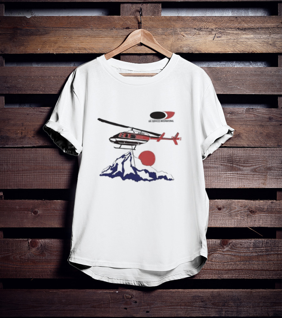 Air Services International Helicopter Over Mountain And Red Sun T-Shirt