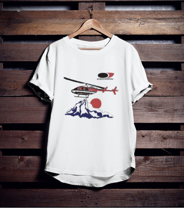 Air Services International Helicopter Over Mountain And Red Sun T-Shirt