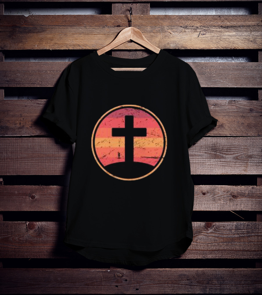 Retro Christian Cross Vintage Sunset On Champion T-Shirt