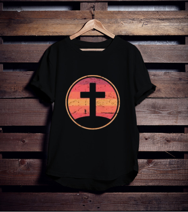 Retro Christian Cross Vintage Sunset On Champion T-Shirt