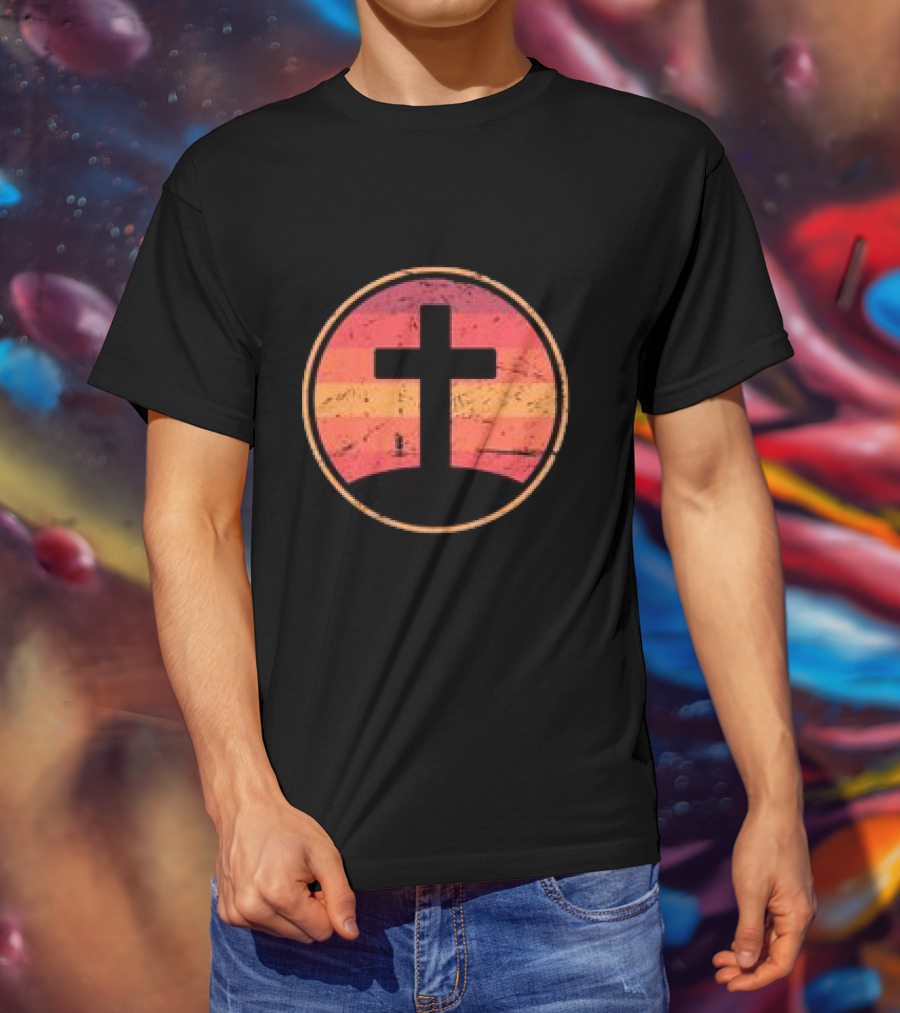 Retro Christian Cross Vintage Sunset On Champion T-Shirt