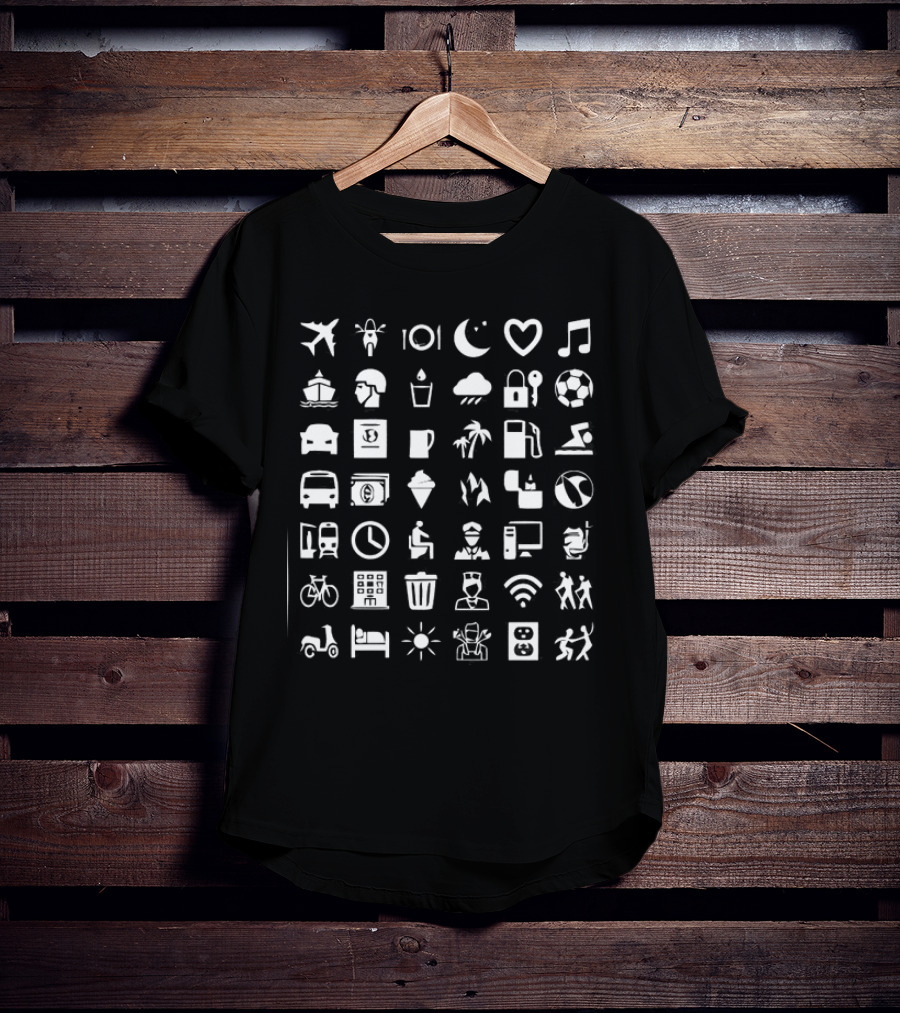 Symbol Travel Icons Airplane Music Bicycle Coffee Mug WiFi Soccer Bed Scooter Sun Plug Adventure T-Shirt