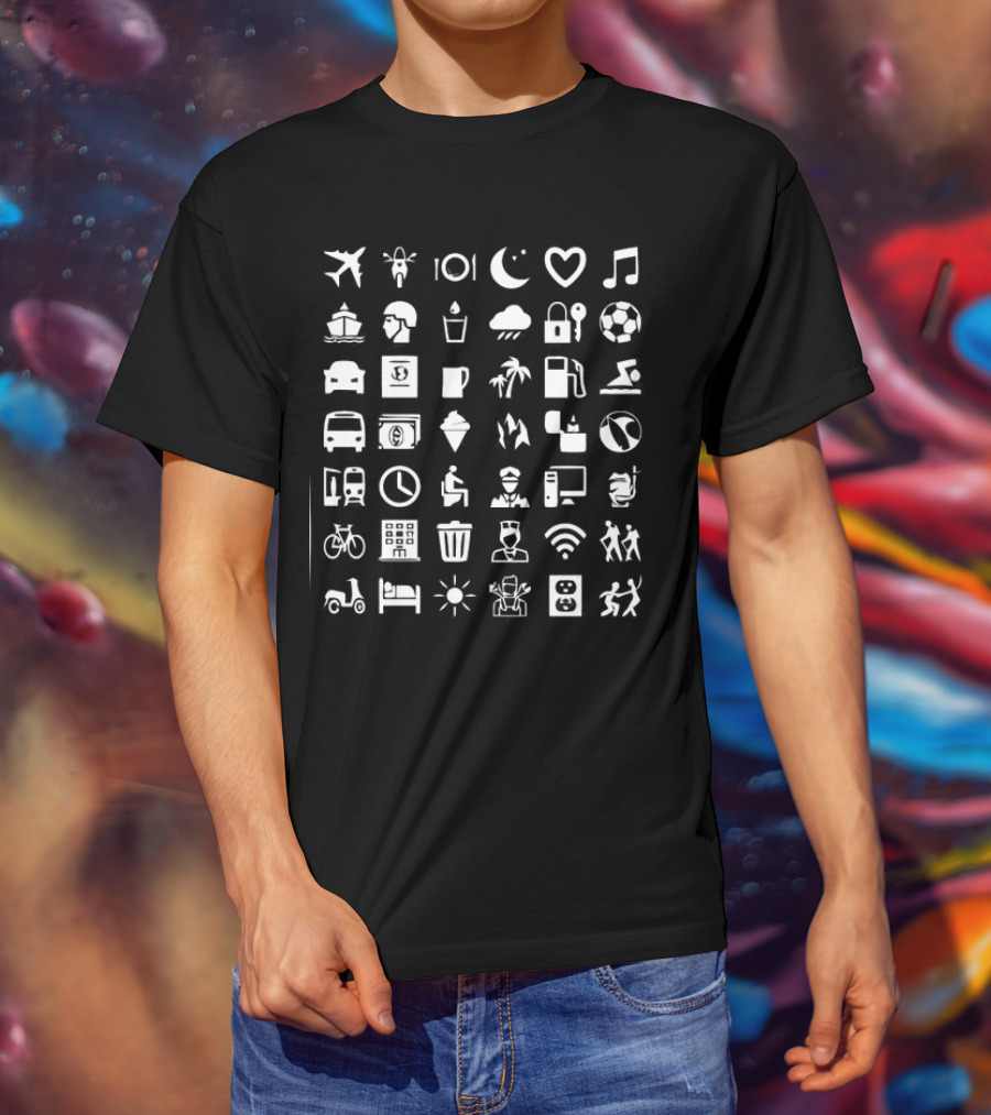 Symbol Travel Icons Airplane Music Bicycle Coffee Mug WiFi Soccer Bed Scooter Sun Plug Adventure T-Shirt