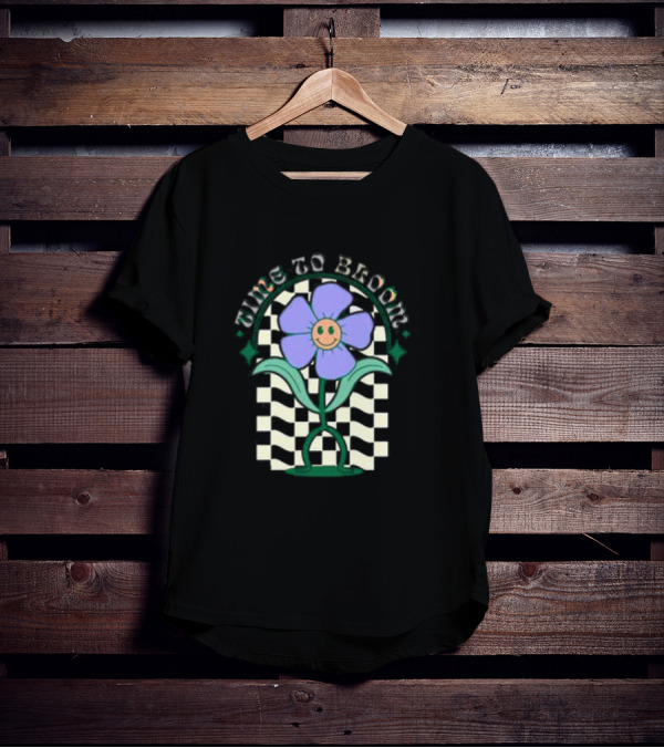 Time To Bloom Flower With Checkerboard Background And Smiley Face T-Shirt