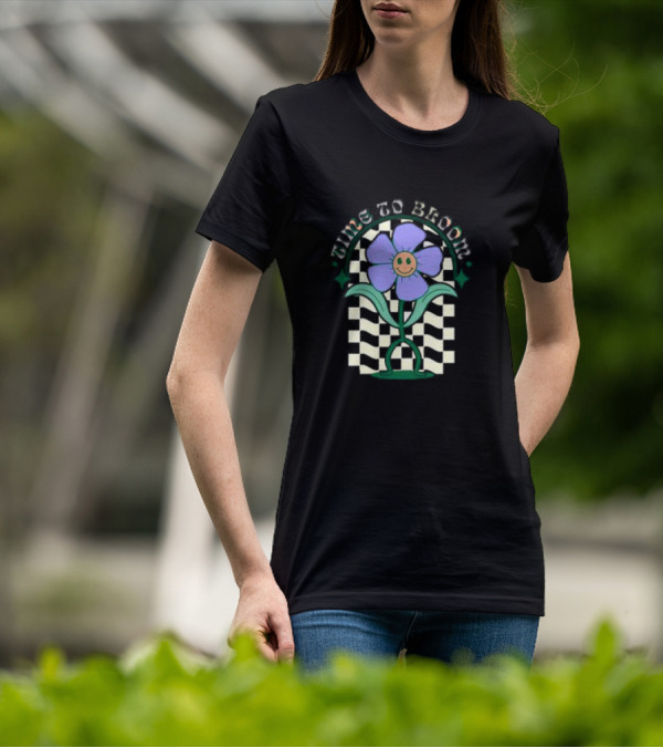 Time To Bloom Flower With Checkerboard Background And Smiley Face T-Shirt