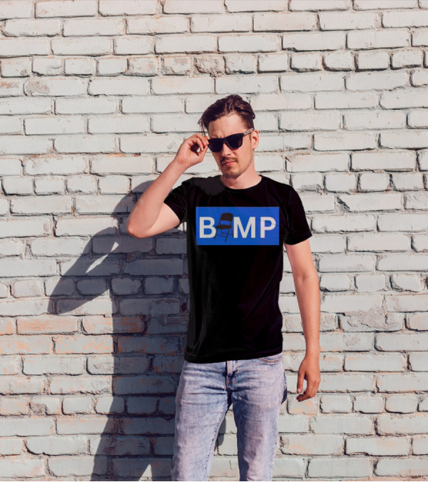 Bump Chair Logo With Folding Chair In Blue Block Letters T-Shirt