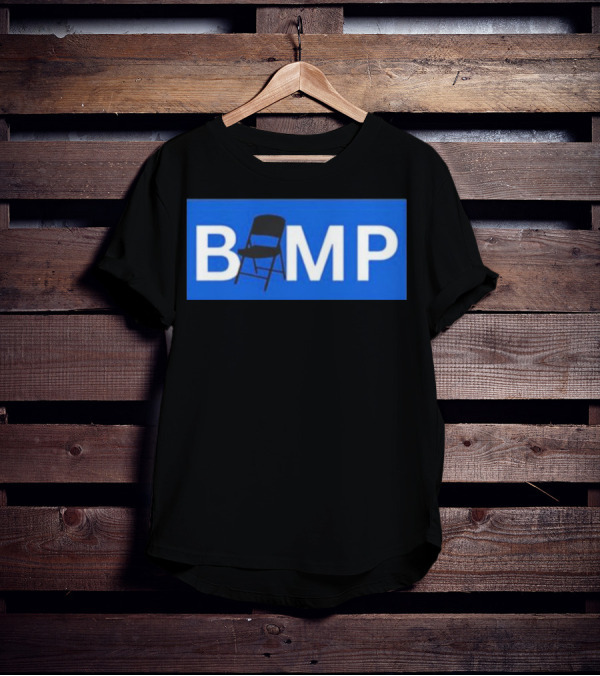 Bump Chair Logo With Folding Chair In Blue Block Letters T-Shirt
