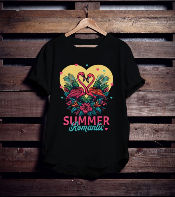 Summer Romantic Flamingo Birds Love Heart And Tropical Flowers T-Shirt