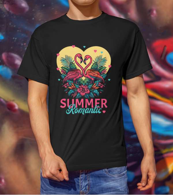 Summer Romantic Flamingo Birds Love Heart And Tropical Flowers T-Shirt