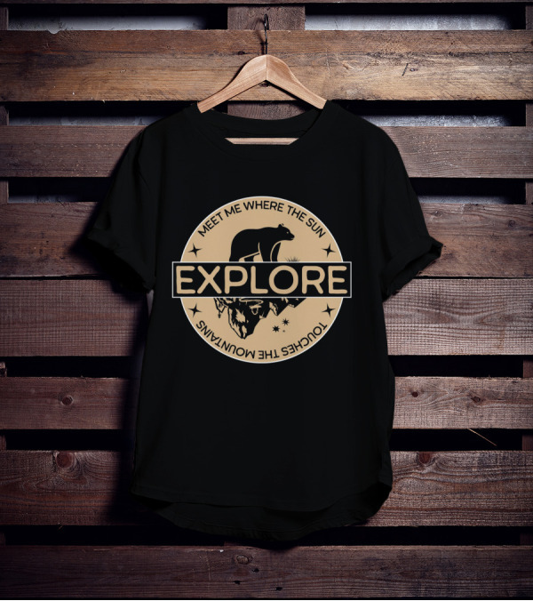 Explore Meet Me Where The Sun Touches The Mountains Bear Badge T-Shirt