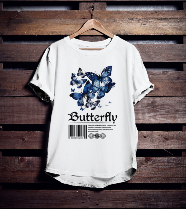 Butterfly Minimal Elegant Blue Watercolor Theme With Graceful Quote And Barcode T-Shirt