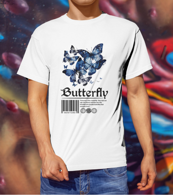 Butterfly Minimal Elegant Blue Watercolor Theme With Graceful Quote And Barcode T-Shirt