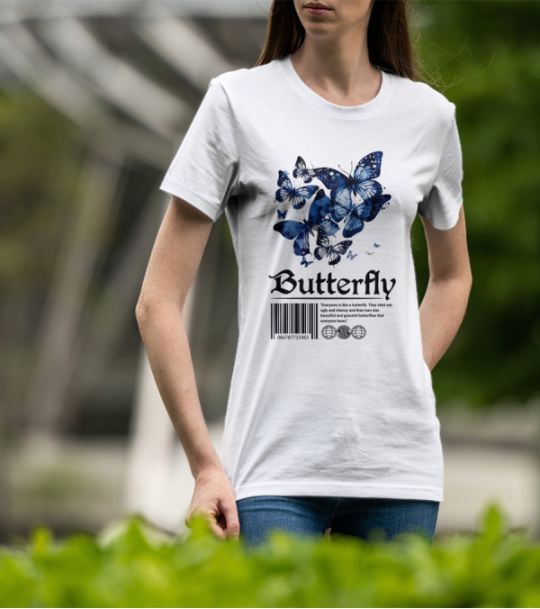 Butterfly Minimal Elegant Blue Watercolor Theme With Graceful Quote And Barcode T-Shirt