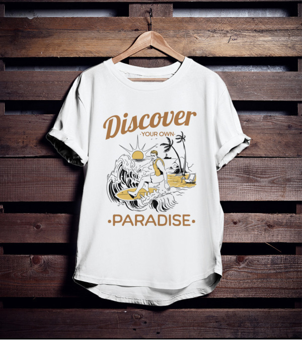 Discover Your Own Paradise Surfer Sunset Scene T-Shirt