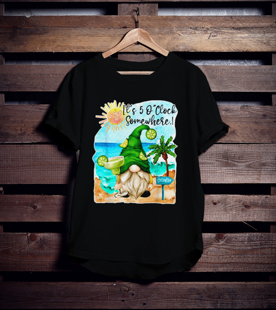 Margarita Gnome It’s 5 O’Clock Somewhere Palm Trees Beach Scene T-Shirt