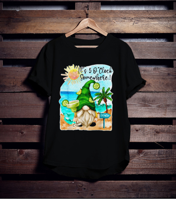 Margarita Gnome It’s 5 O’Clock Somewhere Palm Trees Beach Scene T-Shirt