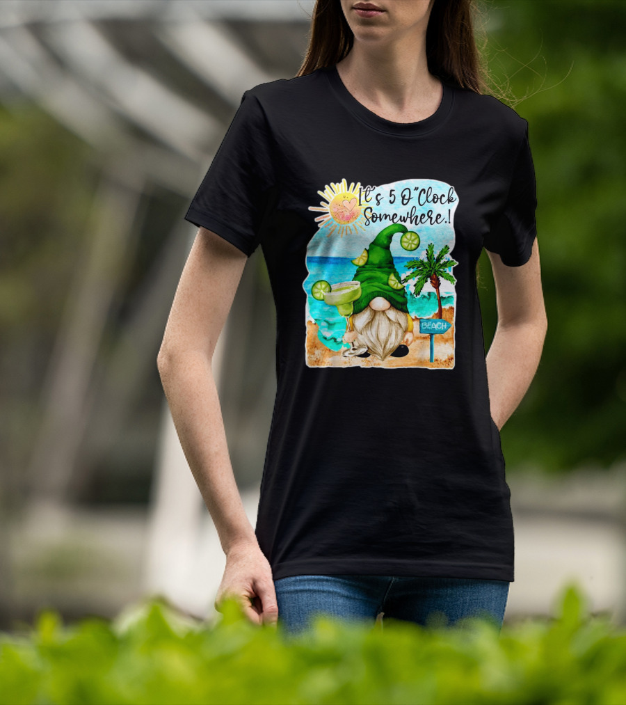 Margarita Gnome It’s 5 O’Clock Somewhere Palm Trees Beach Scene T-Shirt
