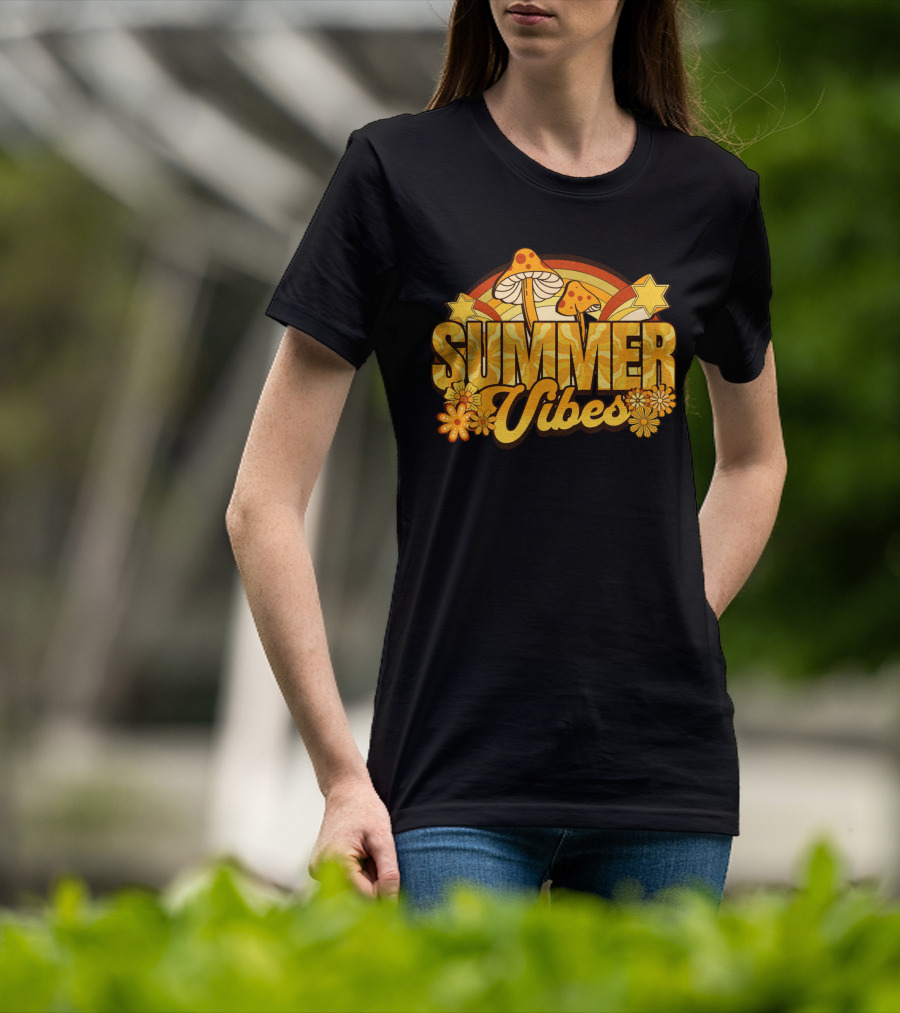 Groovy Summer Vibes With Mushroom And Flower Rainbow T-Shirt