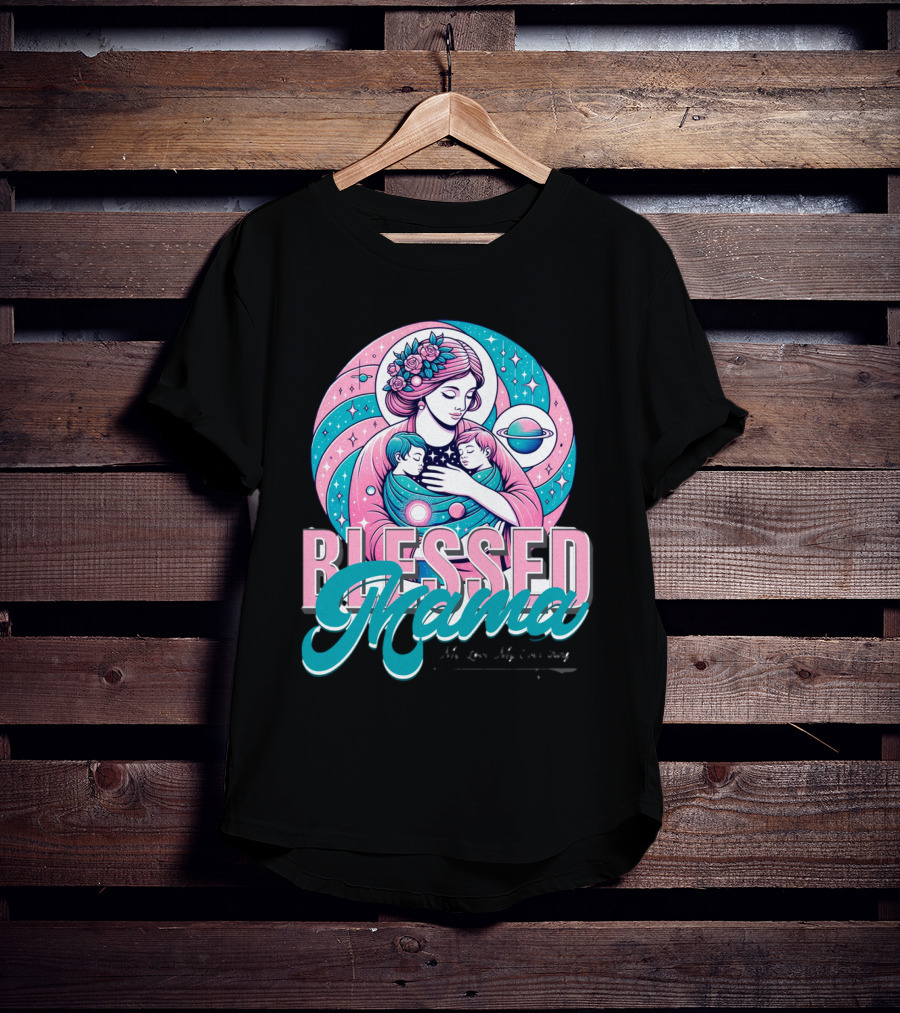 Blessed Mama Cosmic Mother With Children And Floral Halo T-Shirt