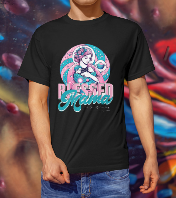 Blessed Mama Cosmic Mother With Children And Floral Halo T-Shirt