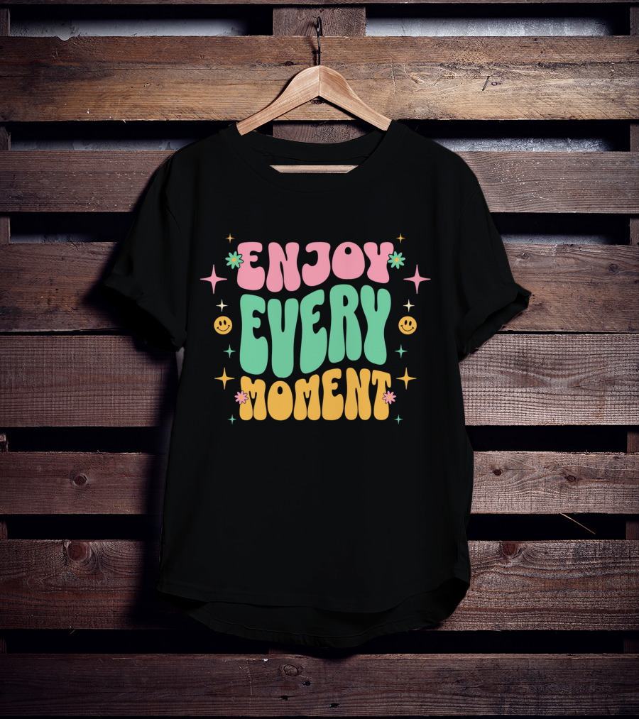 Enjoy Every Moment Retro Smiley Flowers And Stars T-Shirt