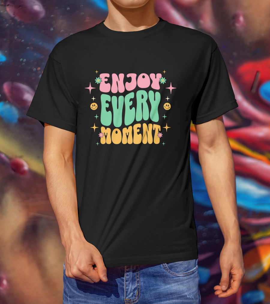 Enjoy Every Moment Retro Smiley Flowers And Stars T-Shirt