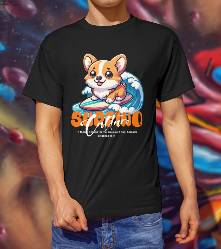 Surfing Culture Corgi On Surfboard With Wave T-Shirt