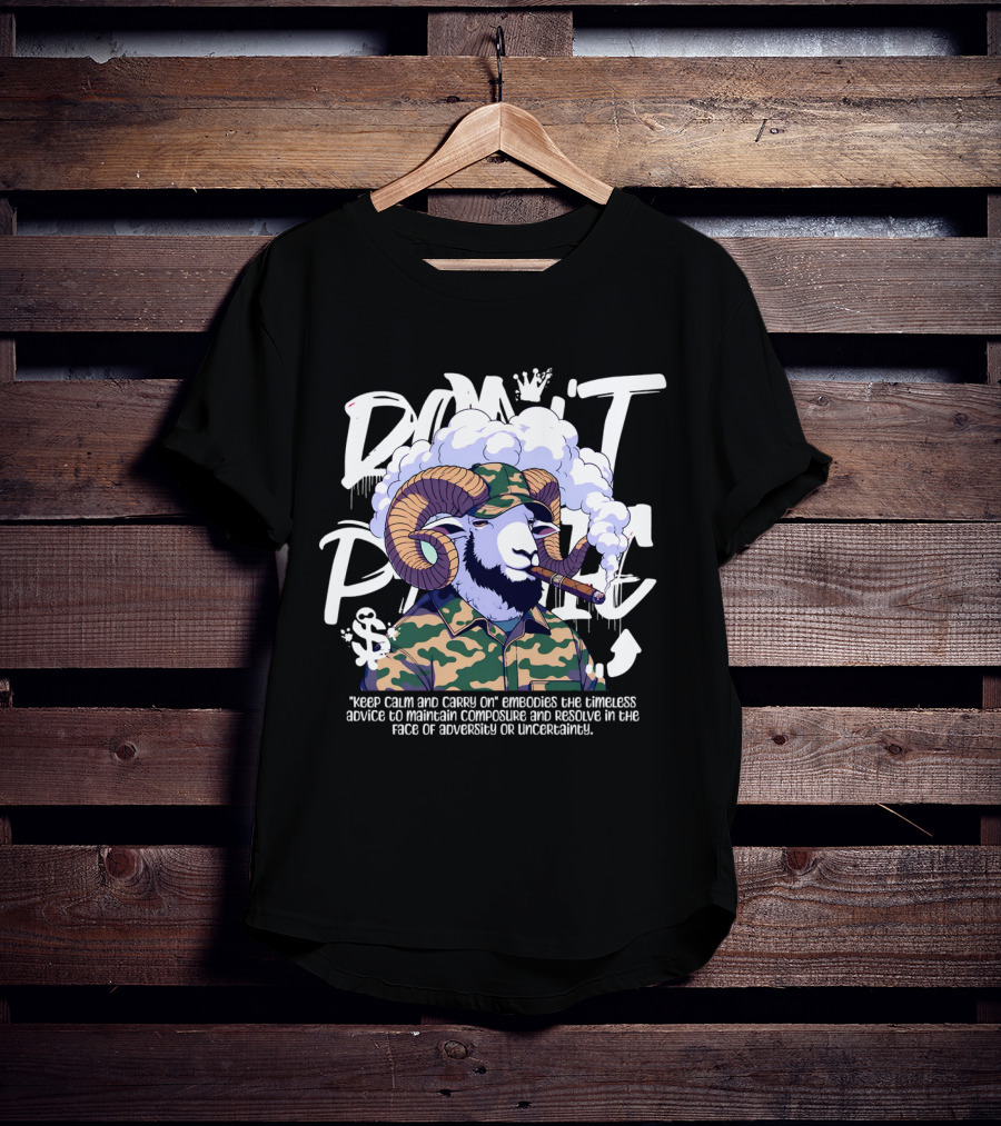 Don't Panic Keep Calm And Carry On Ram With Camo And Cigar T-Shirt