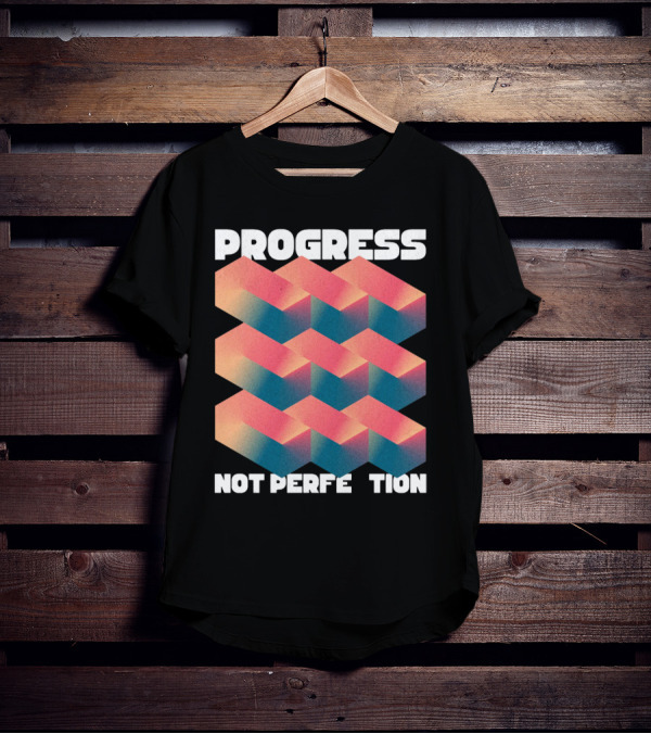 PROGRESS NOT PERFECTION Geometric Illusion 3D Blocks T-Shirt