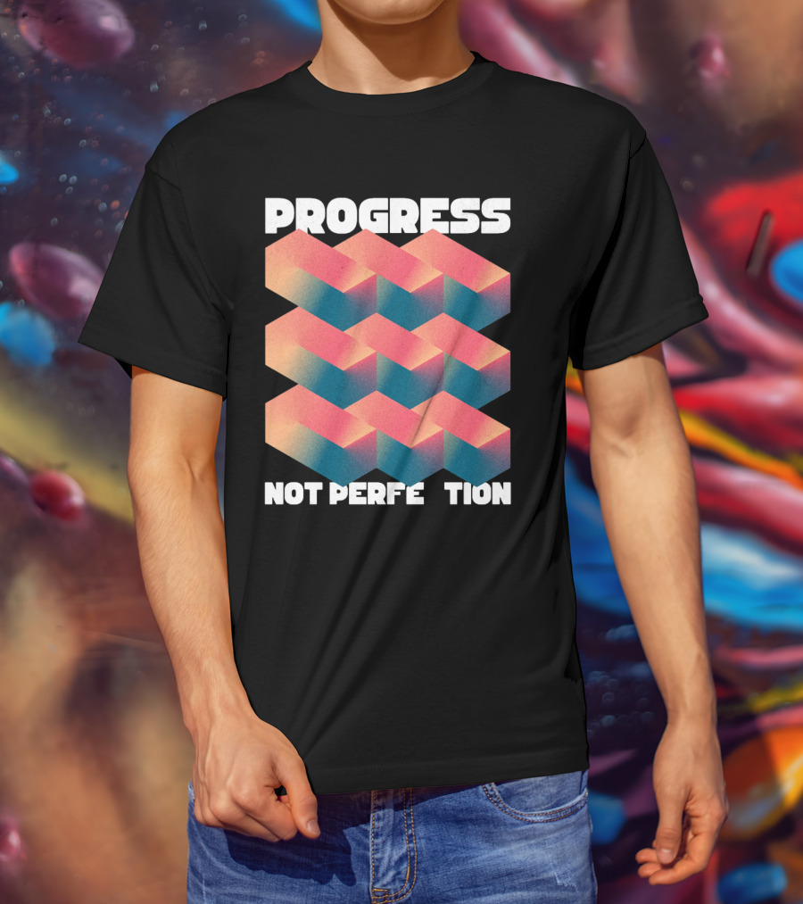 PROGRESS NOT PERFECTION Geometric Illusion 3D Blocks T-Shirt