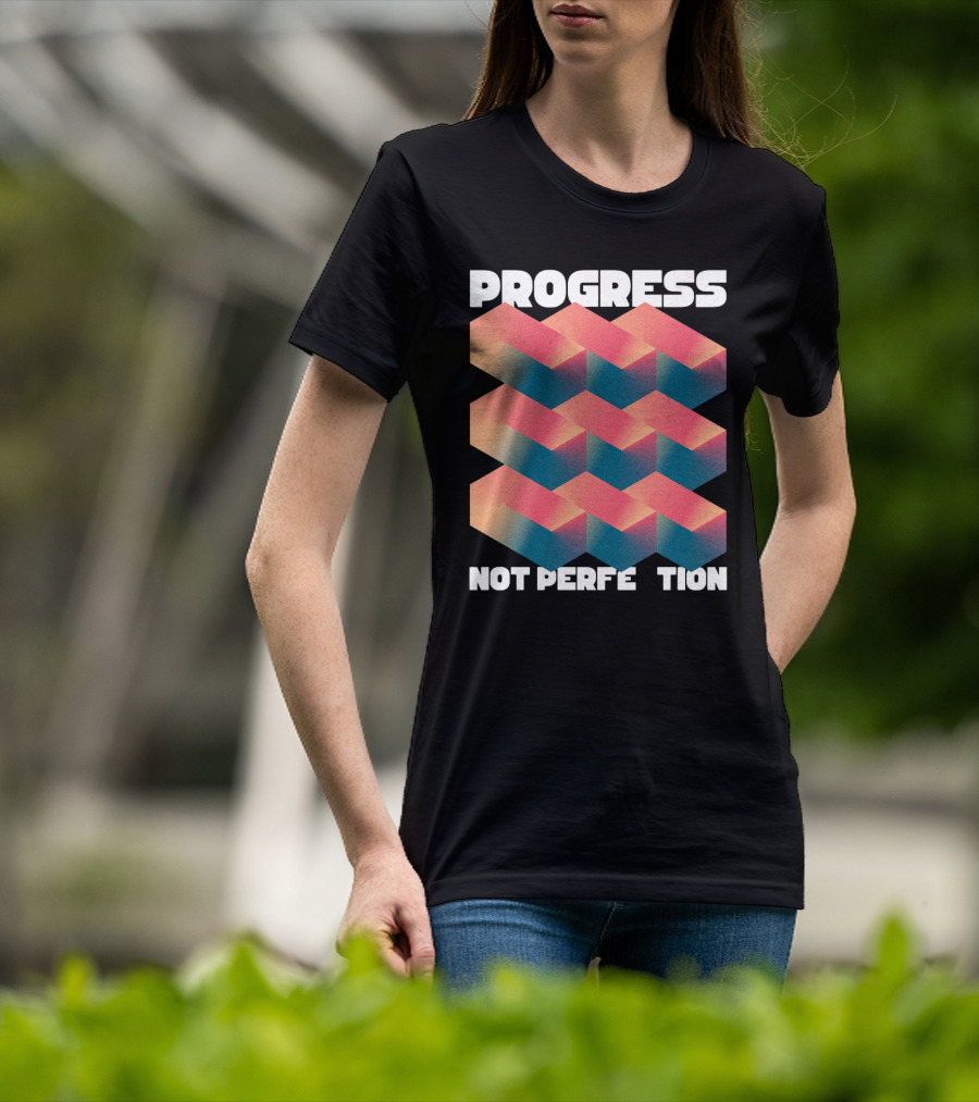 PROGRESS NOT PERFECTION Geometric Illusion 3D Blocks T-Shirt
