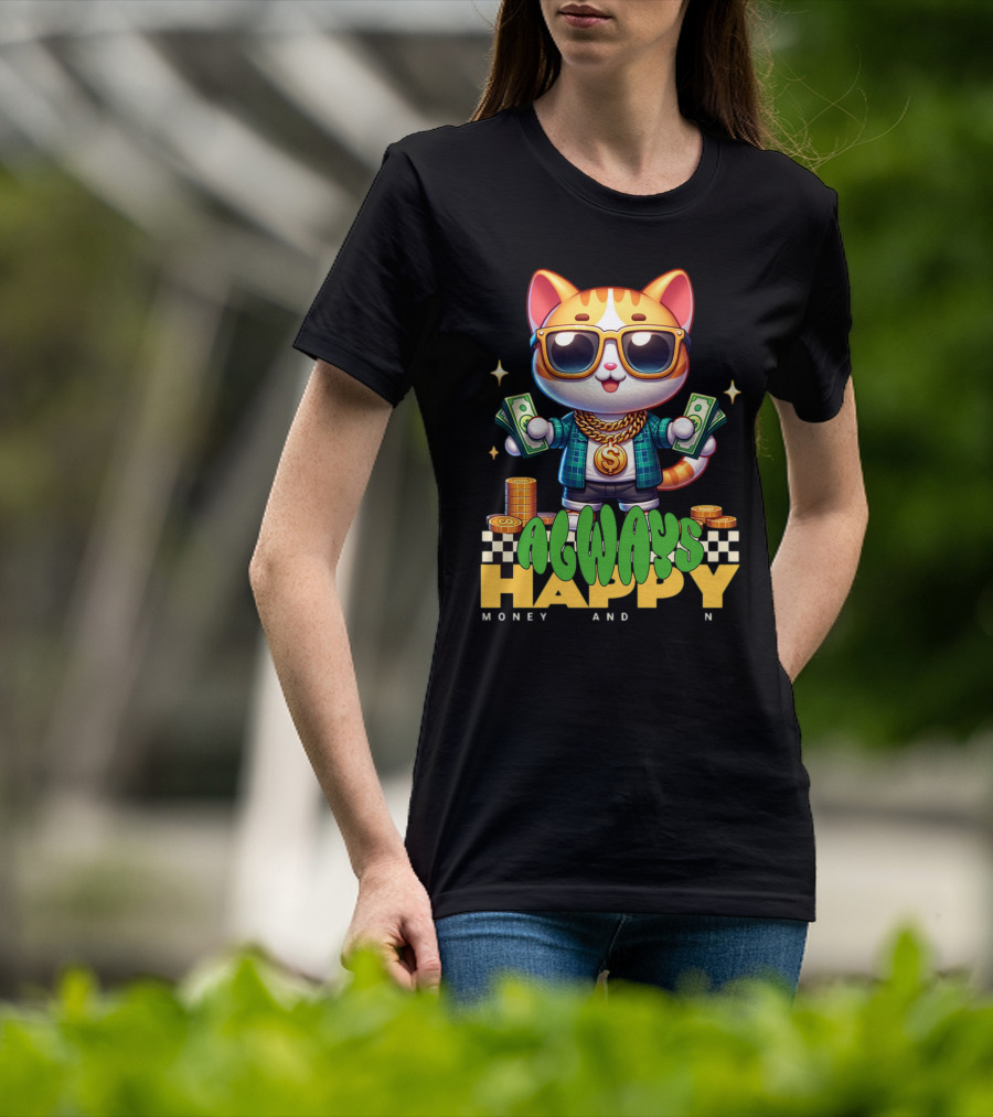 Always Happy Money And Fun Cool Cat With Sunglasses And Cash T-Shirt