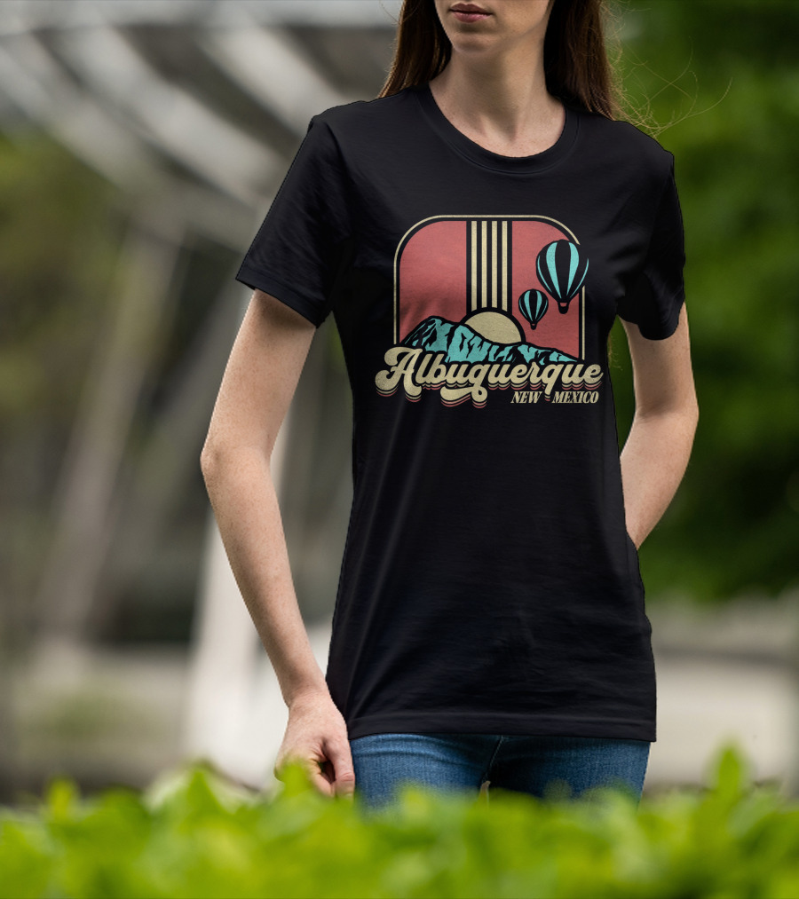 Albuquerque New Mexico Hot Air Balloon Retro Vintage Mountains Sunburst T-Shirt