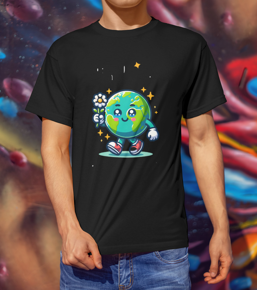 Be Kind To Our Planet And To Others Cute Earth Character With Flower And Stars T-Shirt