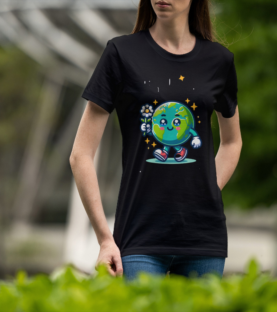 Be Kind To Our Planet And To Others Cute Earth Character With Flower And Stars T-Shirt