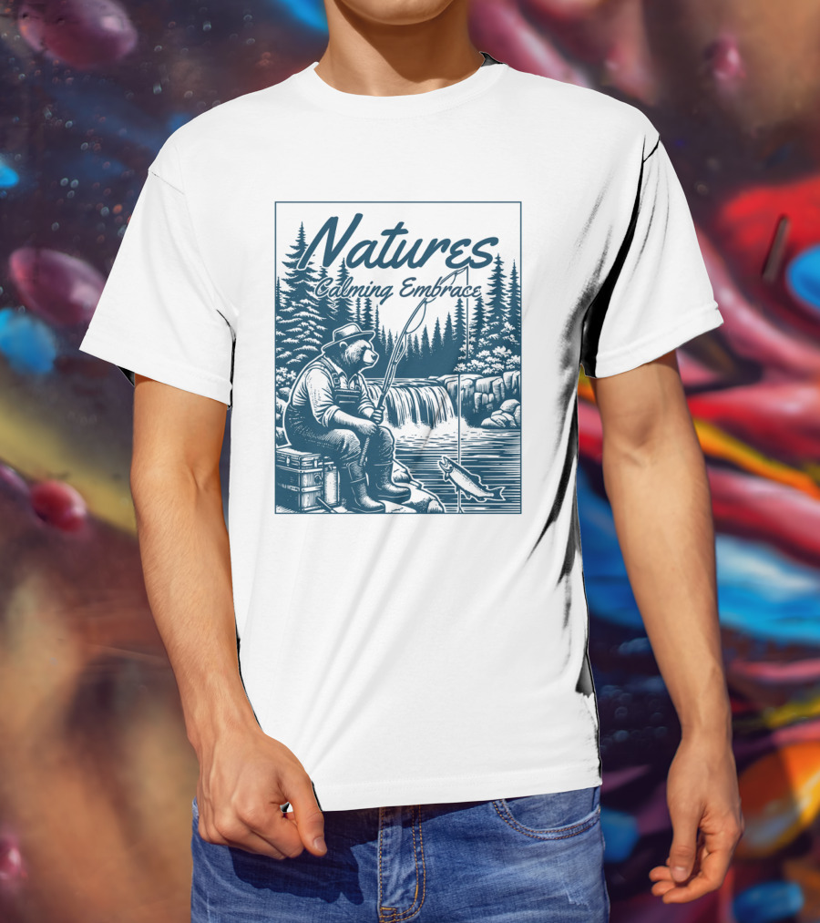 Natures Calming Embrace Bear Fishing By Waterfall T-Shirt